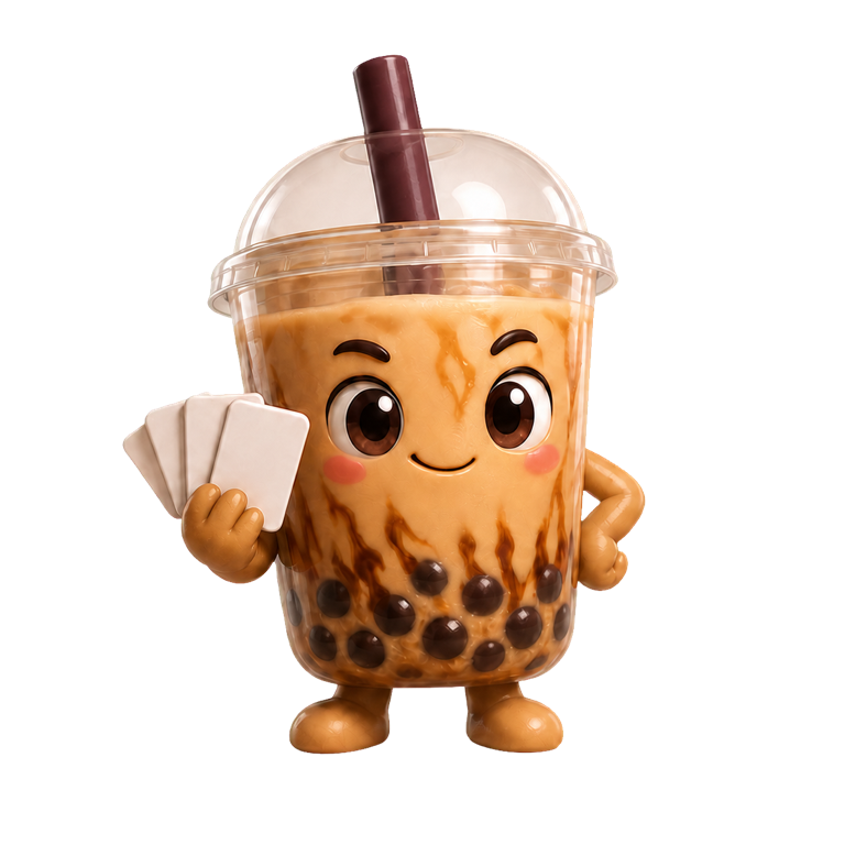 Bao, the Boba Champs Big 2 character, holding playing cards