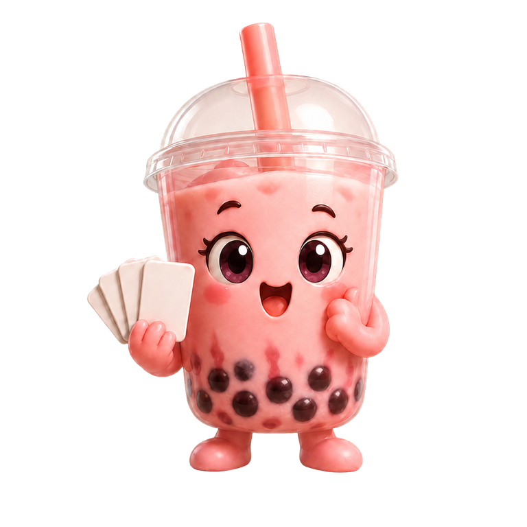 Mimi, the strawberry Boba Champs Big 2 character, holding cards