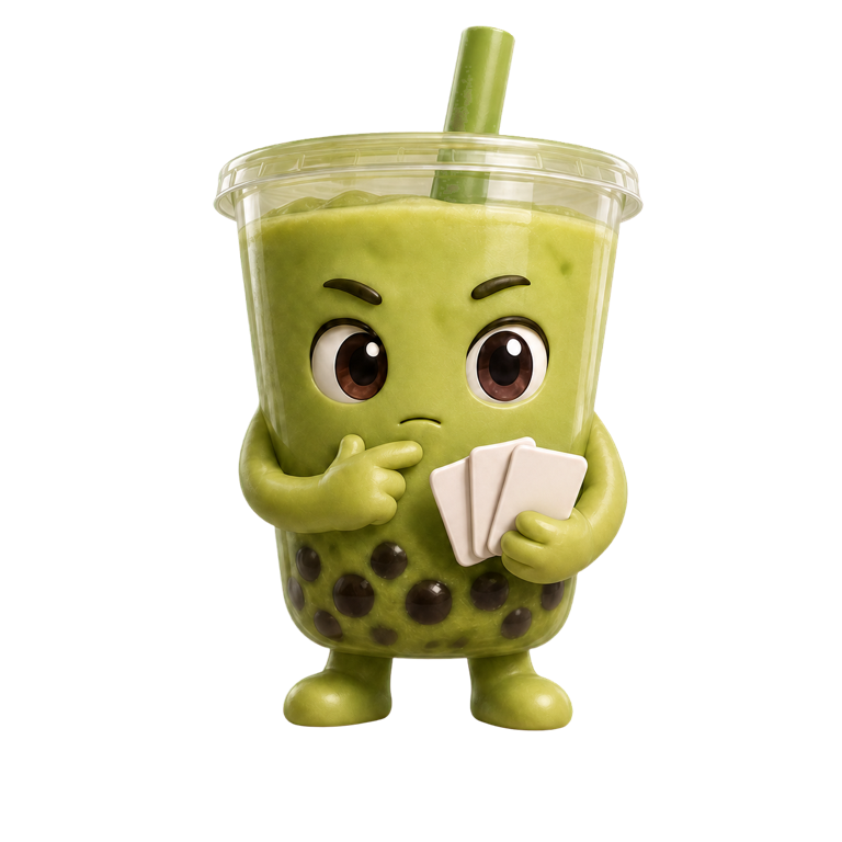 Mochi, the matcha Boba Champs Big 2 character, holding cards